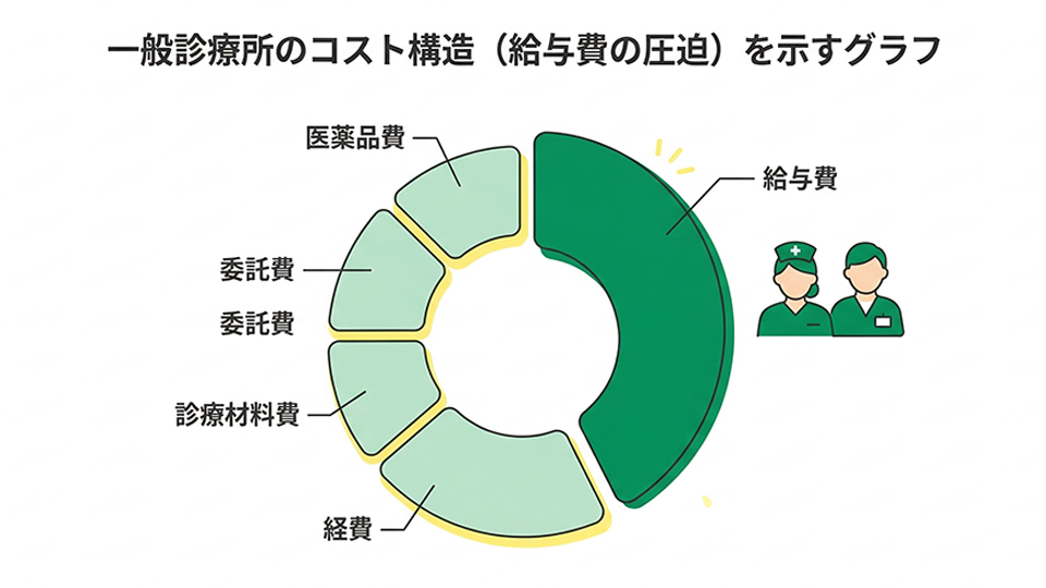 一般診療所のコスト構造(給与費の圧迫)を示すグラフ