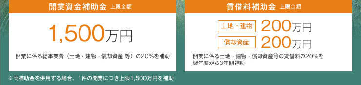 【開業資金補助金上限額 1,500万円】開業に係る総事業費(土地・建物・償却資産 等)の20%を補助 【賃借料補助金上限額 土地・建物:200万円 償却資産:200万円】開業に係る土地・建物・償却資産 等の賃借料の20%を翌年度から3年間補助 ※両補助金を併用する場合、1件の開業につき上限1,500万円を補助